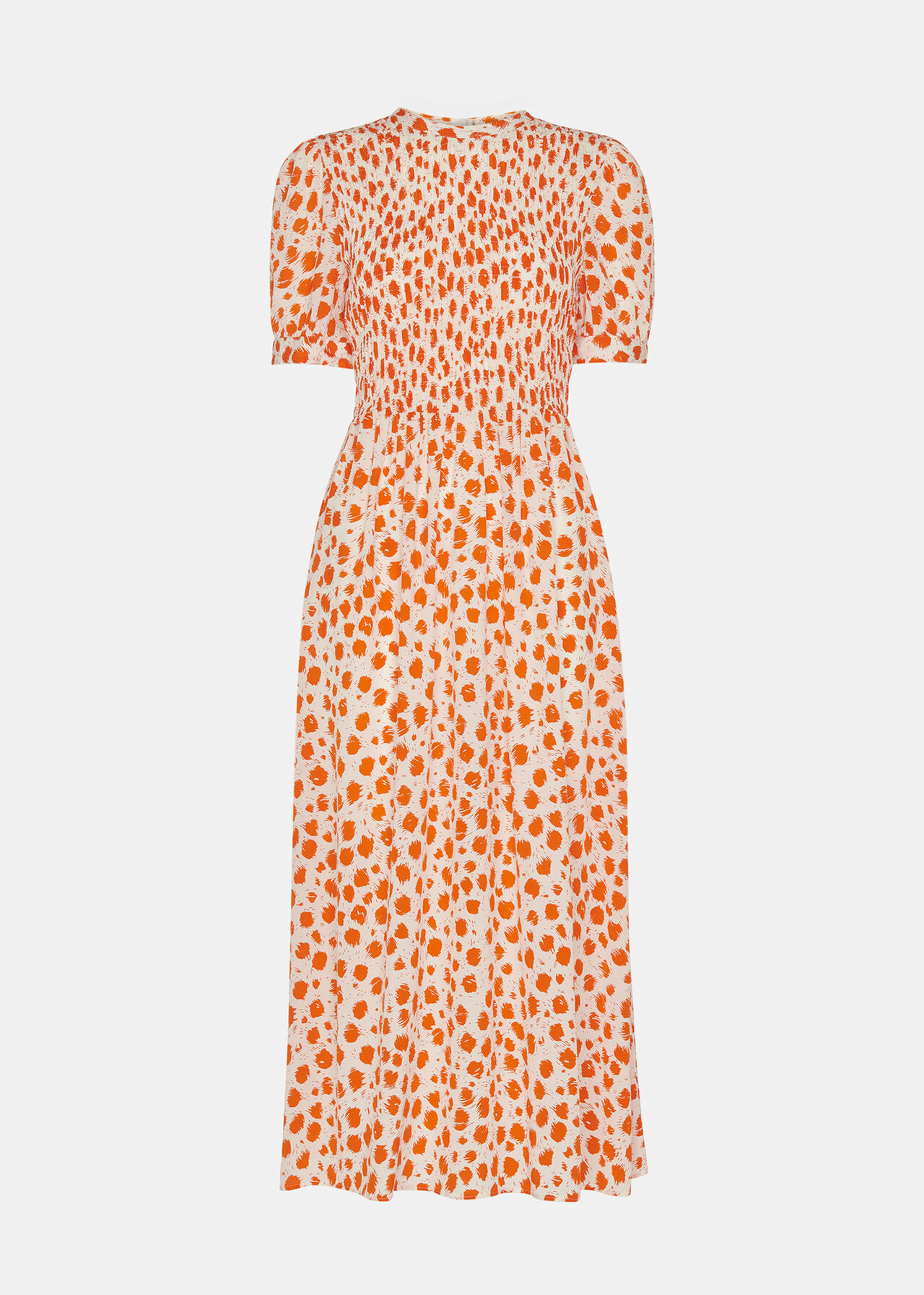 Spot Shirred Midi Dress